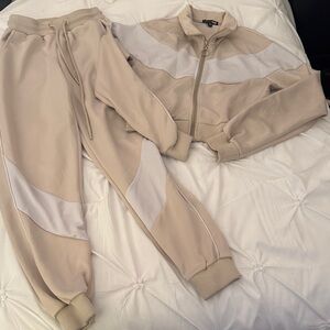 Fashion Nova Beige and White Tracksuit Set